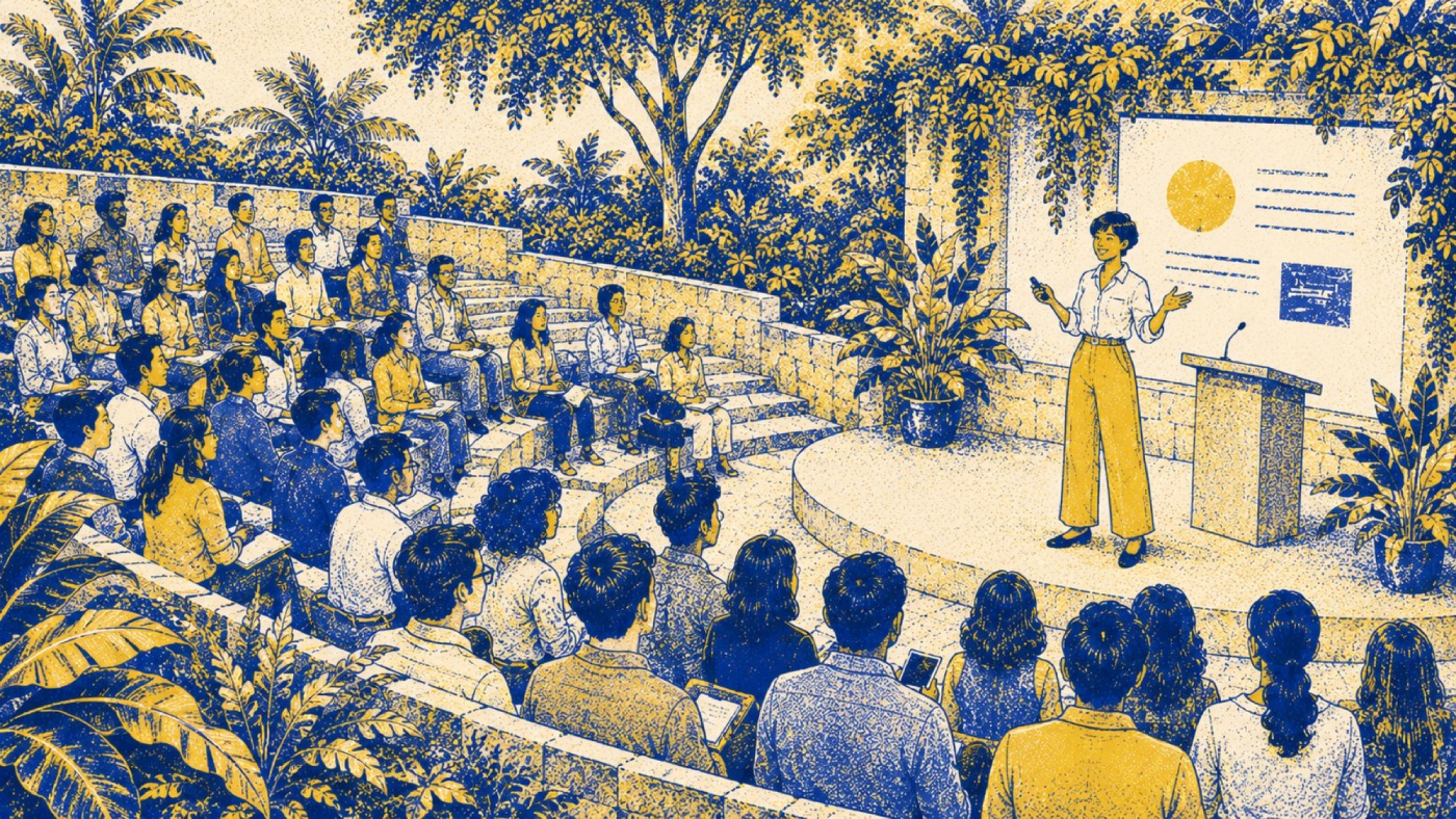 Illustration of Nishita speaking at an outdoor amphitheatre