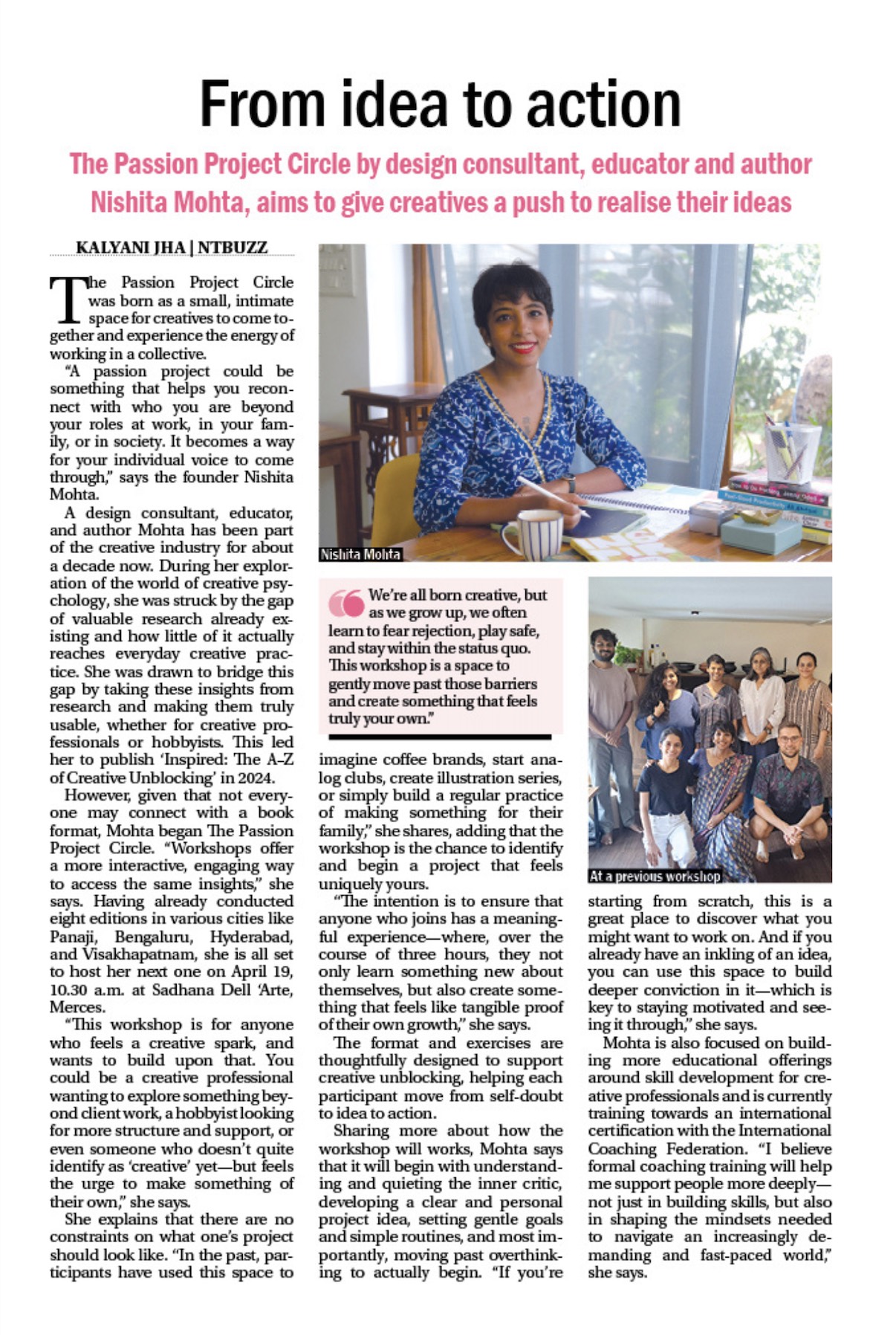 Navhind Times feature 'From idea to action' on The Passion Project Circle by Nishita Mohta